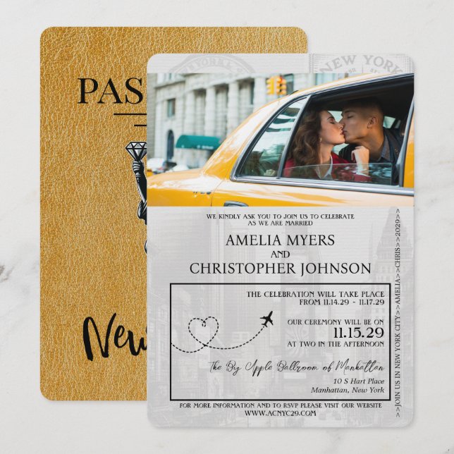 Gold New York City Passport Wedding Invitation (Front/Back)