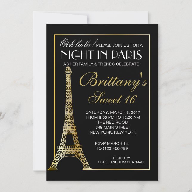 Gold Night in Paris Sweet 16 Custom Invitation (Front)