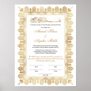 Gold Nikkah Certificate for Muslim Islamic Wedding Poster