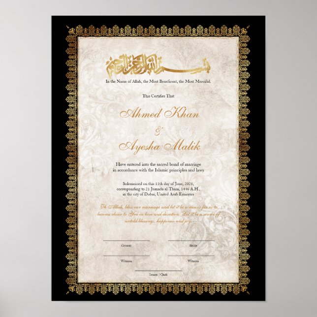 Gold Nikkah Certificate for Muslim Islamic Wedding Poster (Front)