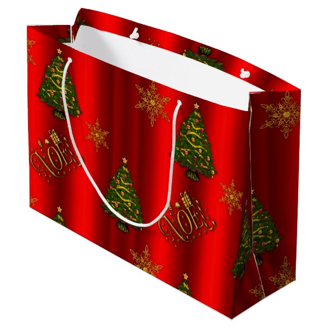 Gold Noel and Christmas Trees Red Large Gift Bag (Back Angled)