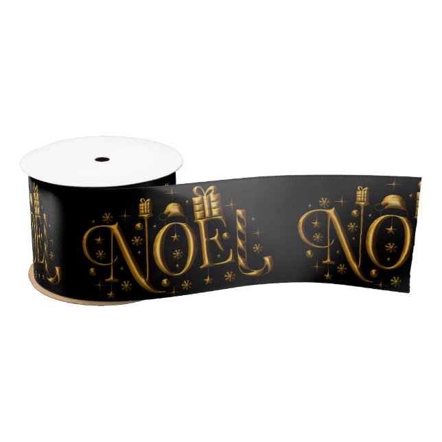 Gold Noel on Black Christmas Satin Ribbon (Spool)