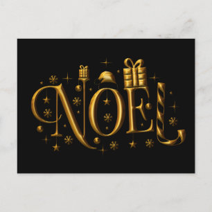 Gold Noel on Black Contemporary Christmas Holiday Postcard