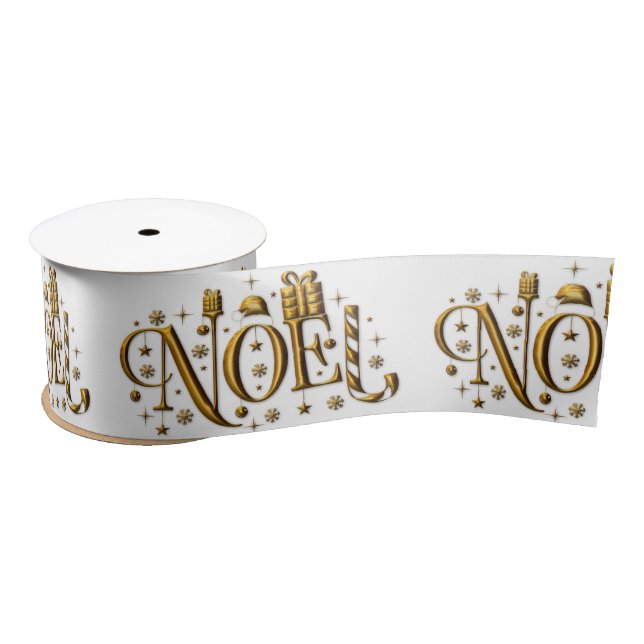 Gold Noel on White Christmas Satin Ribbon (Spool)