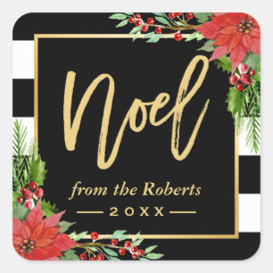 Gold Noel Script Christmas Poinsettia Floral Decor Square Sticker