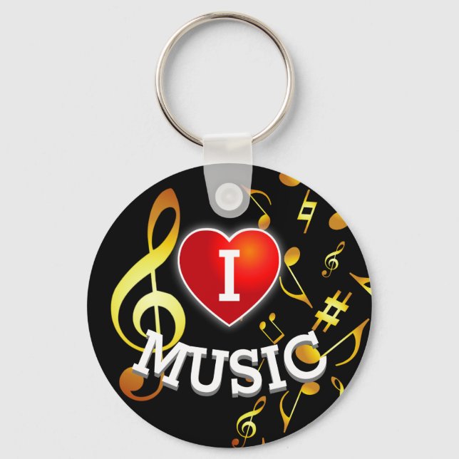 (GOLD NOTES) I Love (Heart) Music Key Ring (Front)