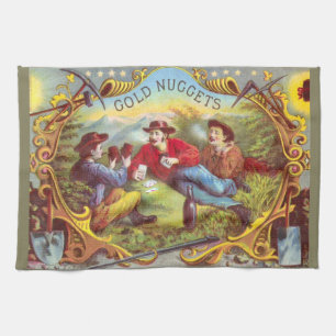 Gold Nuggets: Antique Cigar Label Wild West Art Tea Towel