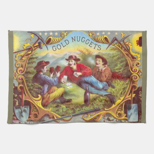 Gold Nuggets: Antique Cigar Label Wild West Art Tea Towel (Horizontal)