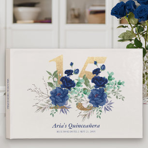 Gold Number 15 and Royal Roses in Blue Quinceanera Guest Book