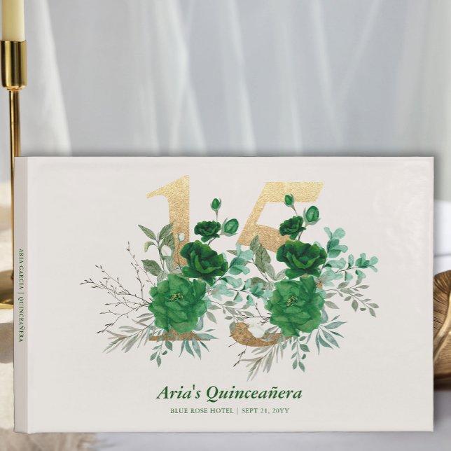 Gold Number 15 Emerald Green Floral Quinceanera Guest Book (15th birthday guest book from the Royal Rose Emerald Green Quinceanera Collection by Darling & May)