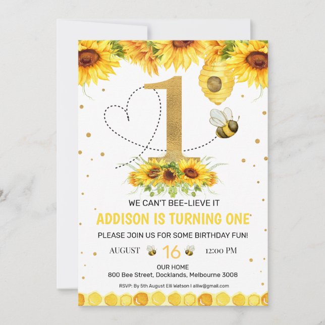 Gold Number Sunflowers Bees Bee-Day First Birthday Invitation (Front)