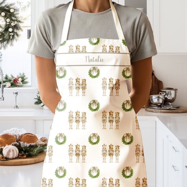 Gold Nutcracker and Wreath Christmas  Apron (Gold Nutcracker Apron)