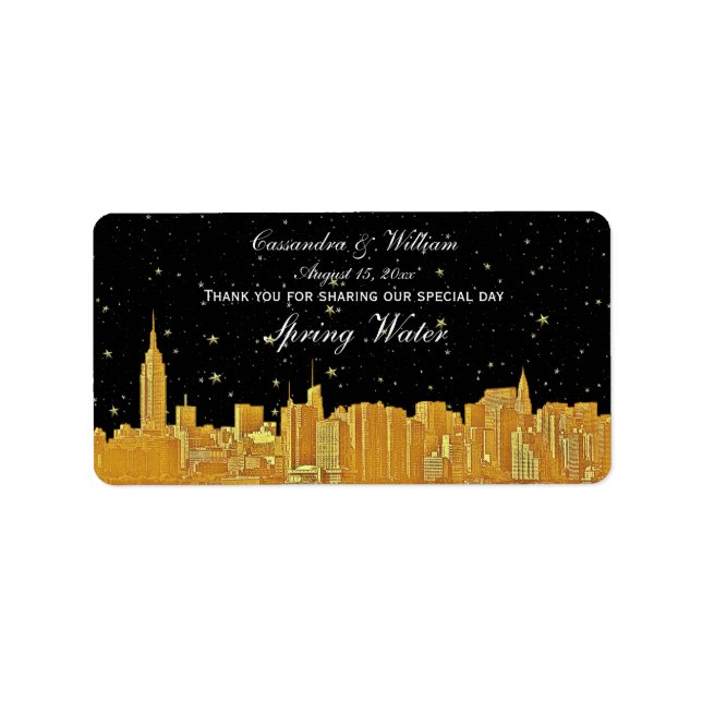 Gold NYC Etched Starry Skyline Water Bottle Label (Front)