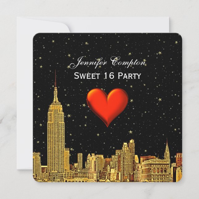 Gold NYC Skyline 01 Etched Heart Stars SQ Sweet 16 Invitation (Front)