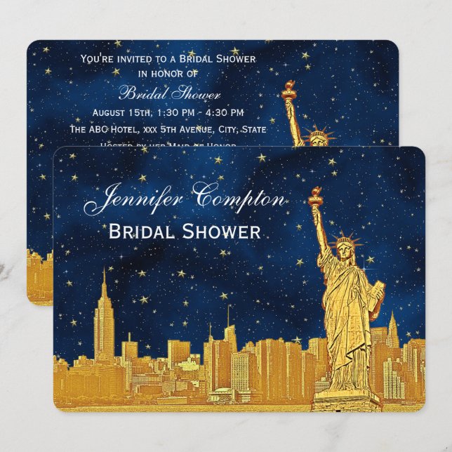 Gold NYC Skyline #2 Blue Starry BG H Bridal Shower Invitation (Front/Back)