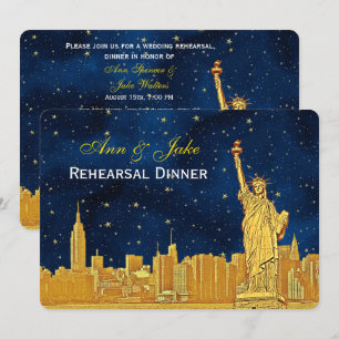 Gold NYC Skyline #2 Blue Starry H Rehearsal Dinner Invitation