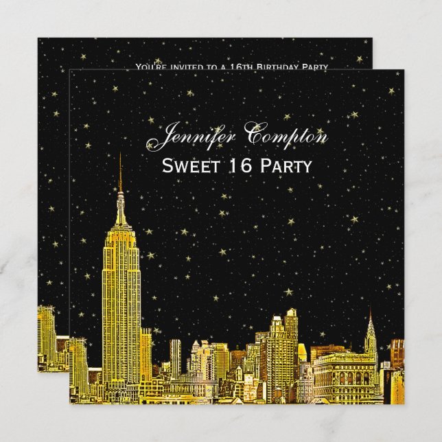 Gold NYC Skyline Etched Starry DIY BG SQ Sweet 16 Invitation (Front/Back)