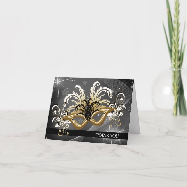Gold NYE Masquerade Ball Thank You Note Card (Front)