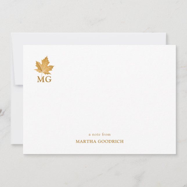 Gold Ochre Maple Leaf Personalised Monogram Card (Front)