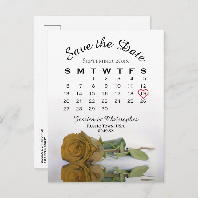 Gold Ochre Rose Wedding Calendar Save the Date Announcement Postcard (Front/Back)