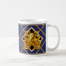 Gold Octopus Ship Rope Navy Blue Nautical Mug/Cup