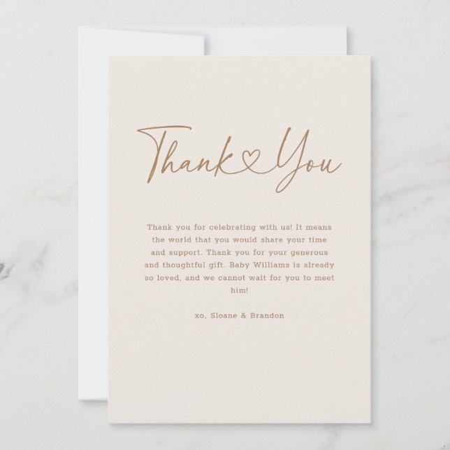 Gold Oh Baby Heart Calligraphy Simple Baby Shower Thank You Card (Front)