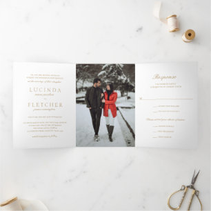 Gold Old Money Photo Elegant Wedding Tri-Fold Invitation