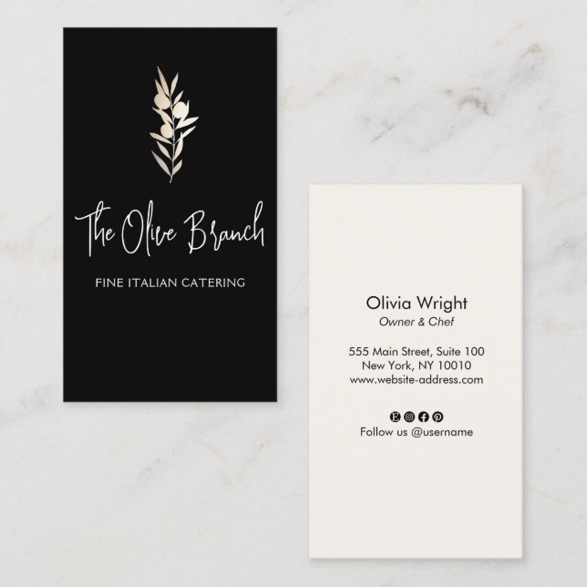 Gold Olive Branch Italian or Greek Catering Chef   Business Card (Front/Back)