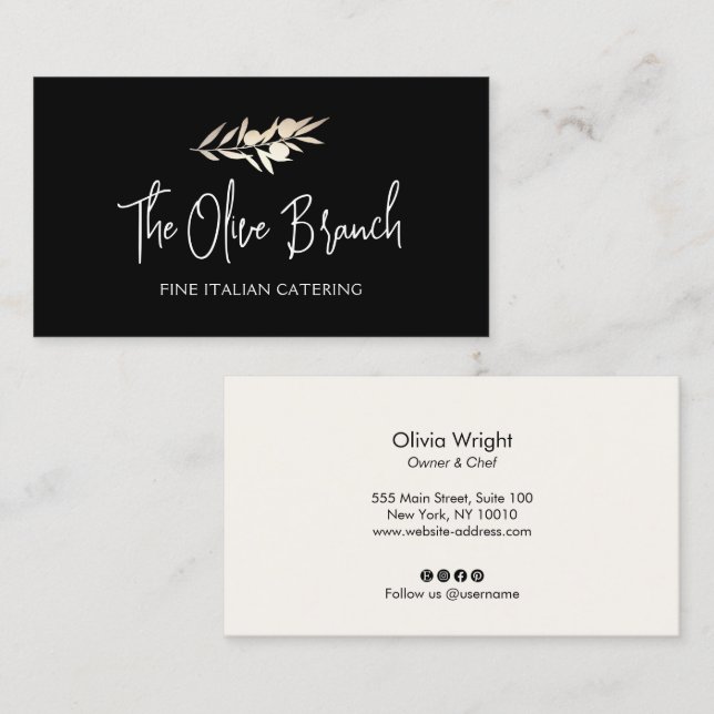 Gold Olive Branch Italian or Greek Catering Chef   Business Card (Front/Back)