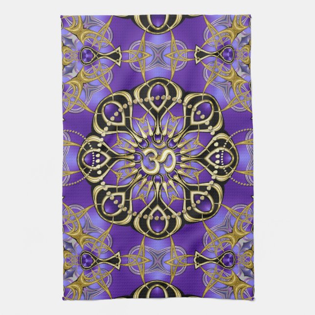 Gold OM Purple Mandala Mindful Home Decor Tea Towel (Vertical)