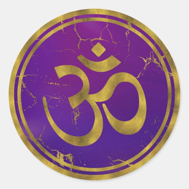 Gold OM symbol - Aum, Omkara  on Purple/Indigo Classic Round Sticker (Front)