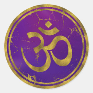 Gold OM symbol - Aum, Omkara  on Purple/Indigo Classic Round Sticker