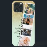 gold ombre 4 photo grid collage name mint monogram Case-Mate iPhone case<br><div class="desc">Modern 4 photos grid collage name and monogram yellow gold glitter ombre on pastel mint green with a photo booth style collage</div>