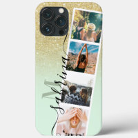 gold ombre 4 photo grid collage name mint monogram