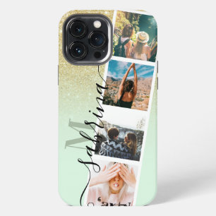 gold ombre 4 photo grid collage name mint monogram iPhone 13 pro max case