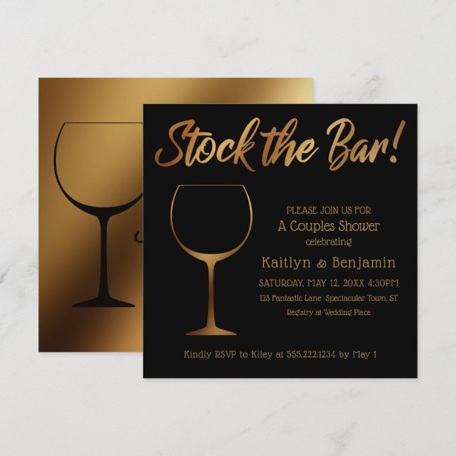 Gold Ombre & Black Stock the Bar Couples Shower Invitation (Front/Back)