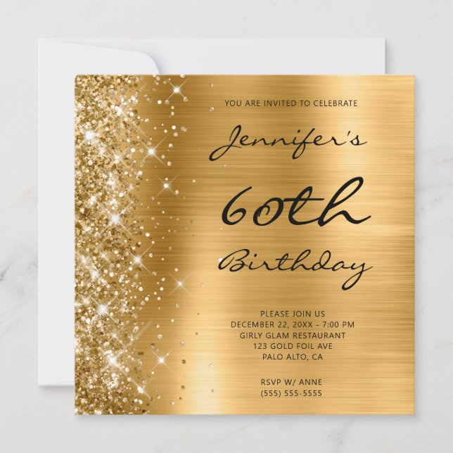 Gold Ombre Foil Left Glitter 60th Birthday Invitation (Front)