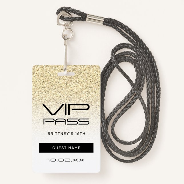 Gold Ombre Glitter Glam VIP Pass 16th Invitation ID Badge (Front with Lanyard)