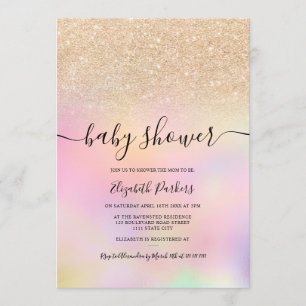Gold ombre glitter holographic girl baby shower invitation