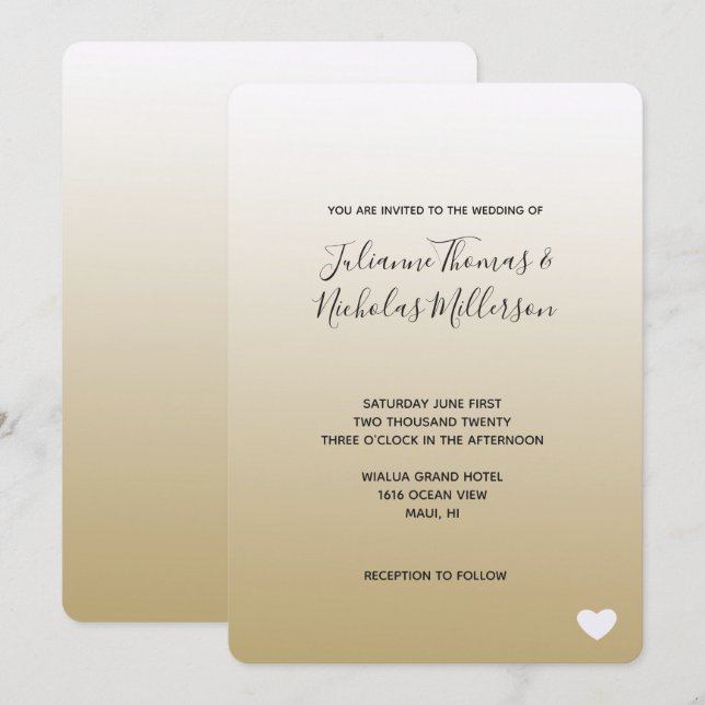 Gold Ombre Heart Wedding Invitation (Front/Back)