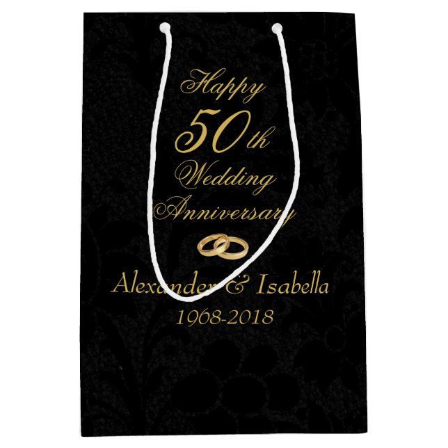 Gold on Black 50th Wedding Anniversary Medium Gift Bag (Front)