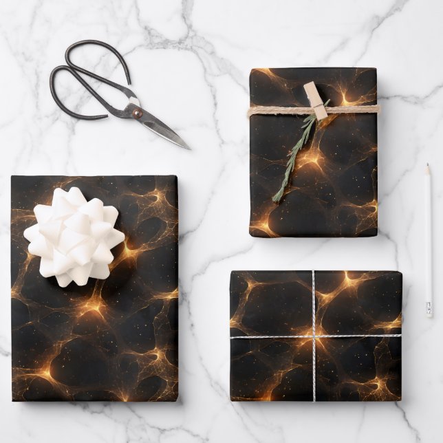 Gold on Black Abstract Wrapping Paper Sheet (Front)