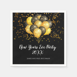 Gold On Black Balloons And Confetti  New Years Eve Napkin