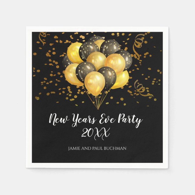 Gold On Black Balloons And Confetti  New Years Eve Napkin (Front)