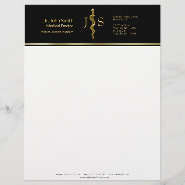 Gold on Black Classy Rod of Asclepius Medical Custom Letterhead (Front)