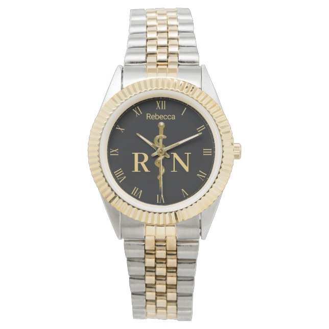 Gold on Black Classy Rod of Asclepius Nurse RN Watch (Front)