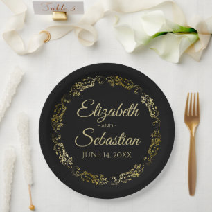 Gold on Black Elegant Floral Filigree Wedding Paper Plate