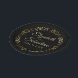 Gold on Black Elegant Floral Filigree Wedding Paper Plate<br><div class="desc">These beautiful paper plates are designed to coordinate with our Gold Foil Elegant Wedding Suite. They feature a faux foil gold floral border with a space to enter the name of the couple and the wedding date. Text is gold background is black. Fully customisable. Make your wedding reception all the...</div>