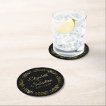 Gold on Black Elegant Lacy Floral Filigree Wedding Round Paper Coaster<br><div class="desc">These wedding coasters are designed to coordinate with our Gold Foil Elegant Wedding Suite. They feature gold text on a black background with a gold faux foil floral border. There is a place to enter the couple's names and the wedding date. Wonderful wedding memento.</div>