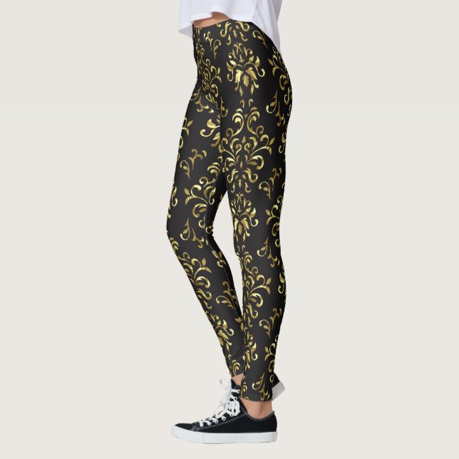 Gold On Black Floral Damasks Pattern Leggings (Left)